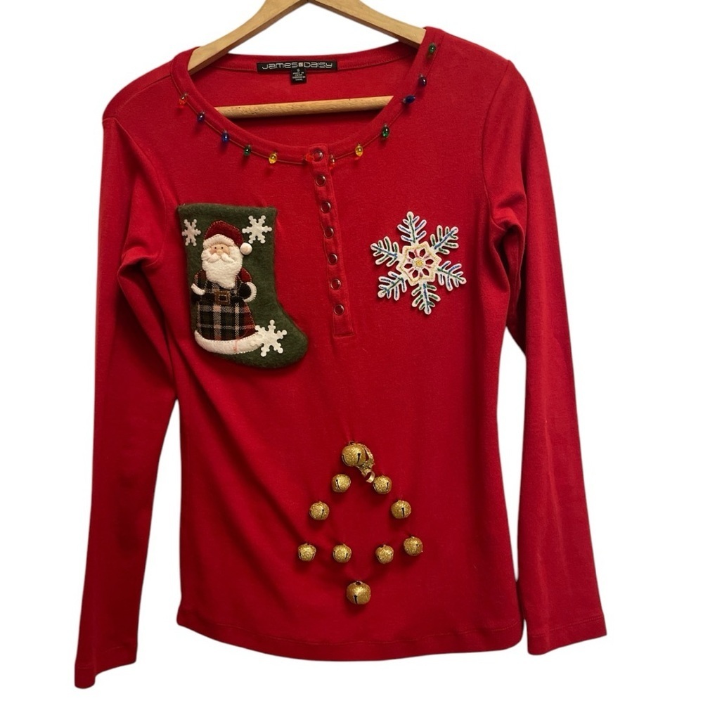 JAMES DAISY S red Christmas sweater with jingle bells lights snowflake stocking